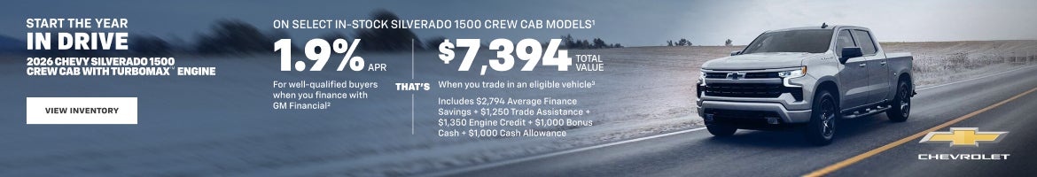 2026 Chevy Silverado 1500 Crew Cab with TurboMax Engine. On select in-stock Silverado 1500 Crew C...